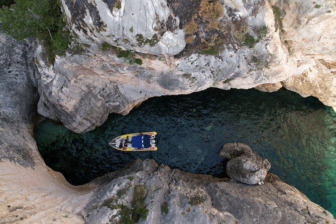 Vlore Private Boat Tour Blue Cave & Grama Bay Adventure - Bristani Bay combines swimming with Cold War remains